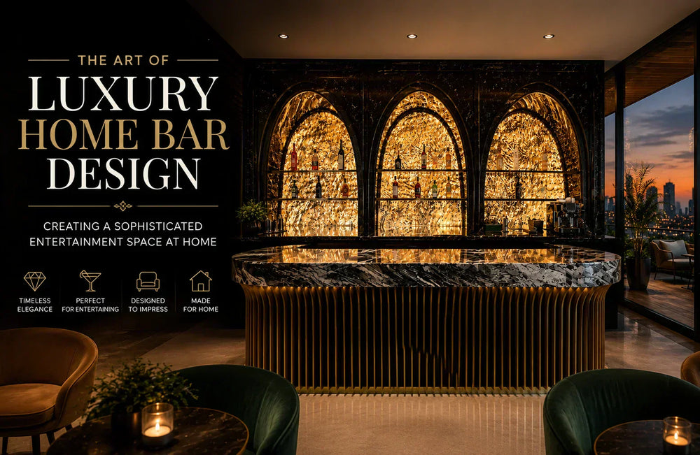 Elegant home bar design with illuminated arches, premium stone finishes, and ambient lighting, blending luxury craftsmanship with modern entertainment functionality.