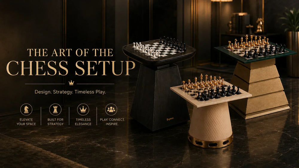 Collection of luxury chess table designs crafted with premium materials, combining elegant aesthetics with exceptional chess-playing experiences.