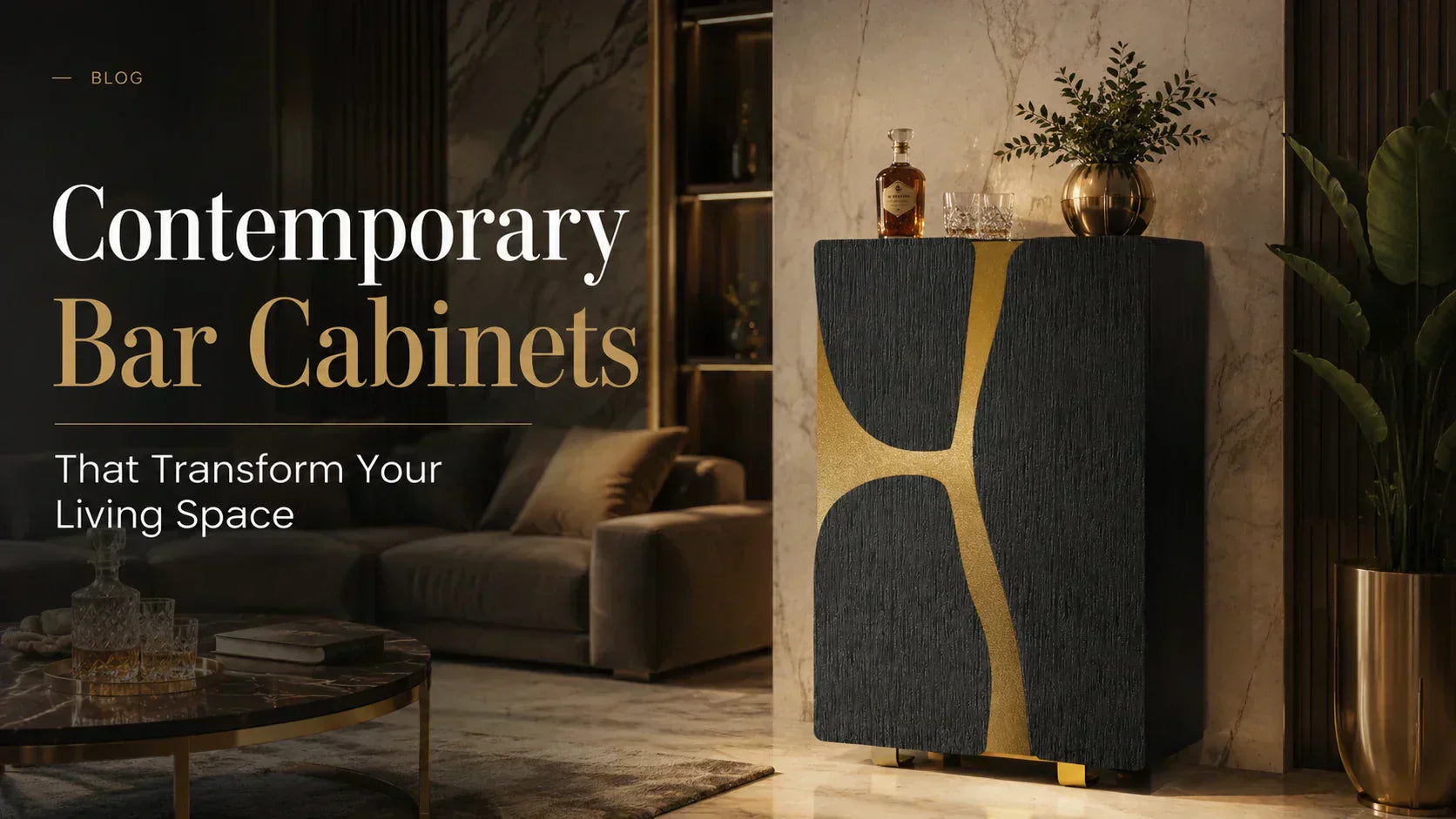 Luxury living room featuring a contemporary black and gold Bar Cabinet with elegant marble backdrop, premium décor, and blog title