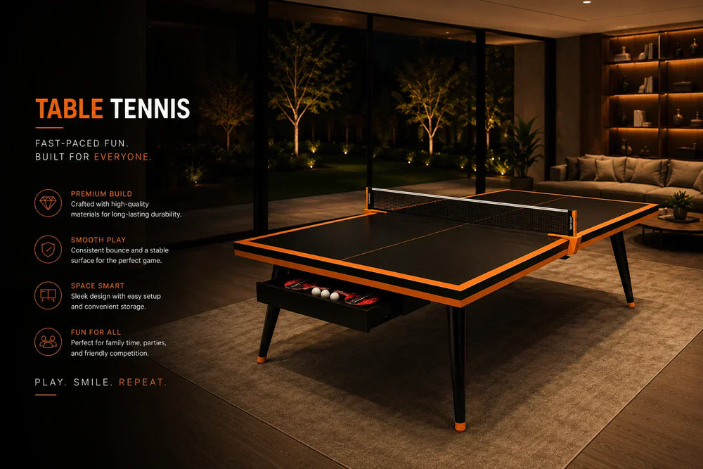 Elegant table tennis table in a luxury living room with panoramic glass windows, modern ping pong table designed for family entertainment and stylish interiors.