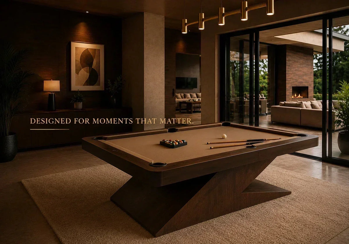 Luxury carrom board inspired billiards setup showcased in a moody entertainment lounge with warm ambient lighting and modern architectural interiors.