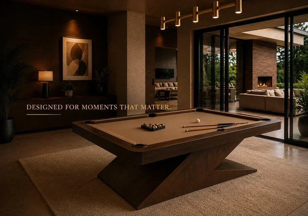 Luxury carrom board inspired billiards setup showcased in a moody entertainment lounge with warm ambient lighting and modern architectural interiors.