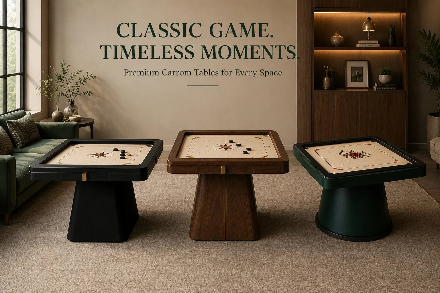 Luxury modern carrom board table collection in premium living room interior with designer wooden finishes