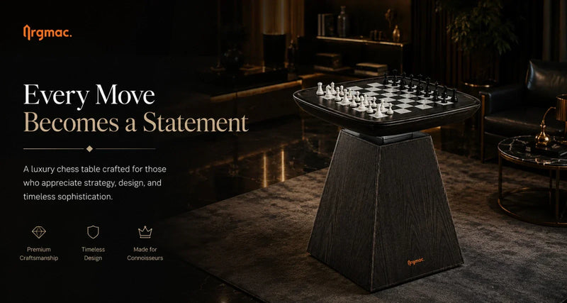Designer chess table hero banner with elegant text, luxury interior lighting, and premium game setup