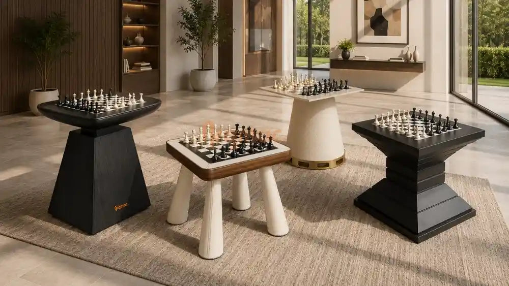 Curated collection of luxury carrom board tables displayed in a sophisticated modern interior with varied designer pedestal forms and finishes.