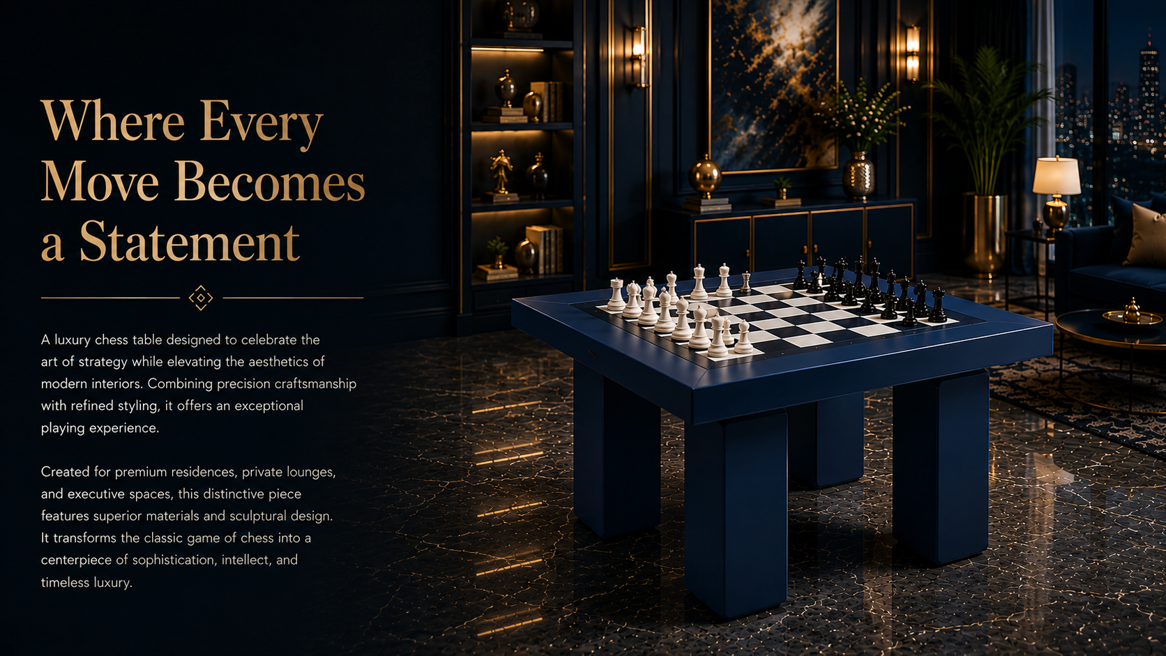 Luxury chess table displayed in an upscale interior, showcasing refined craftsmanship and timeless design for premium living spaces.