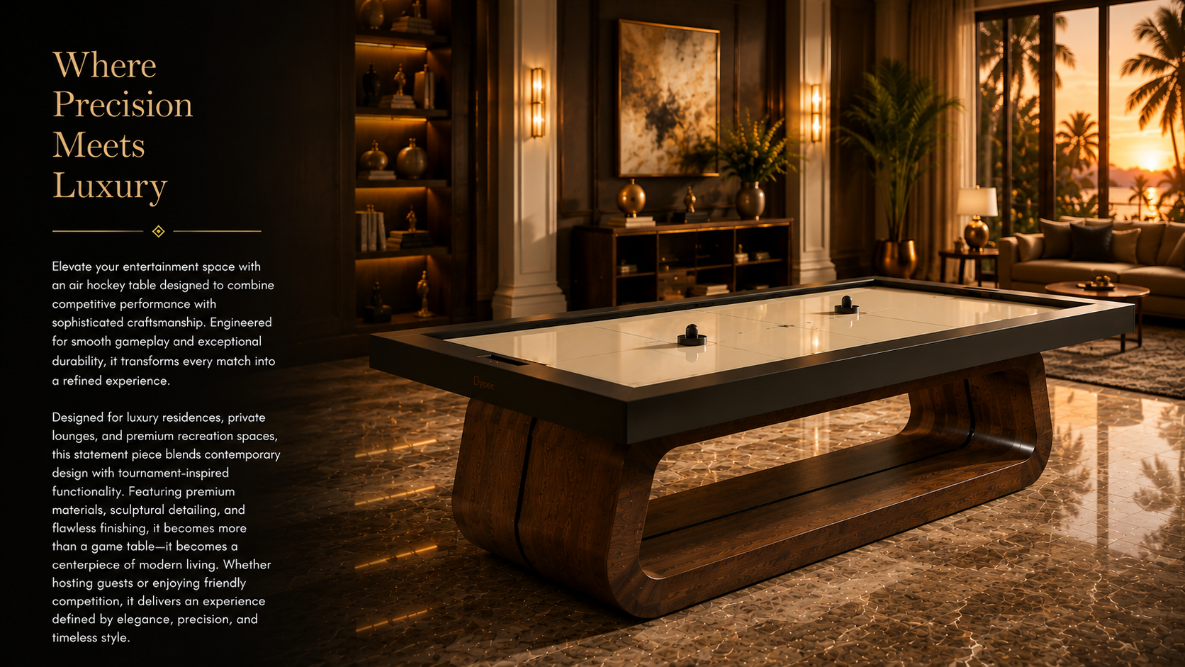 Luxury air hockey table in an elegant mansion-style game room featuring marble flooring, warm ambient lighting, premium wood craftsmanship, and sophisticated interior design for upscale home entertainment.