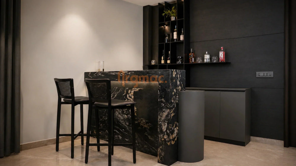 Compact modern Home Bar Unit with a sleek marble finish and minimalist seating for stylish urban interiors.