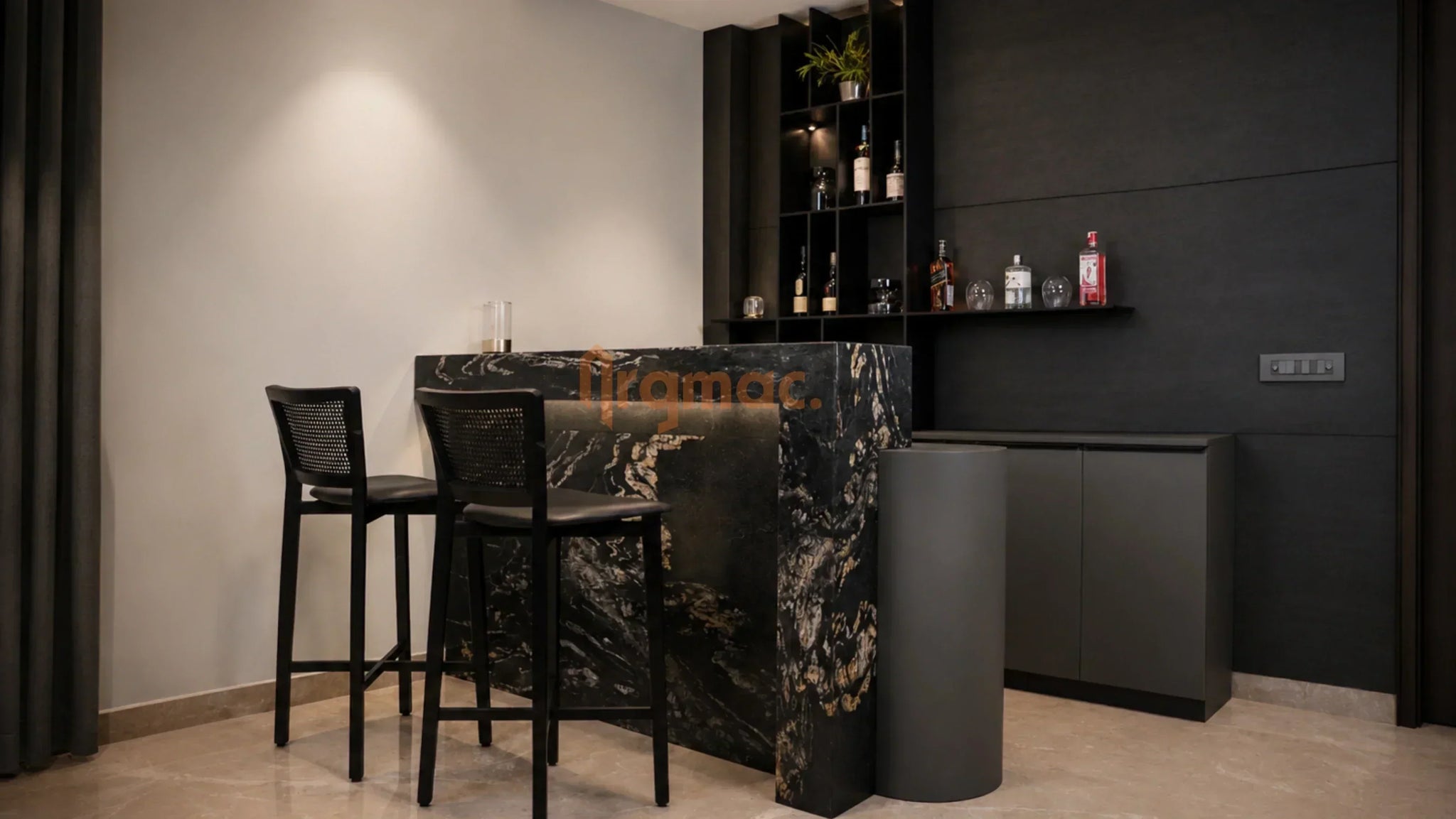 Compact modern Home Bar Unit with a sleek marble finish and minimalist seating for stylish urban interiors.