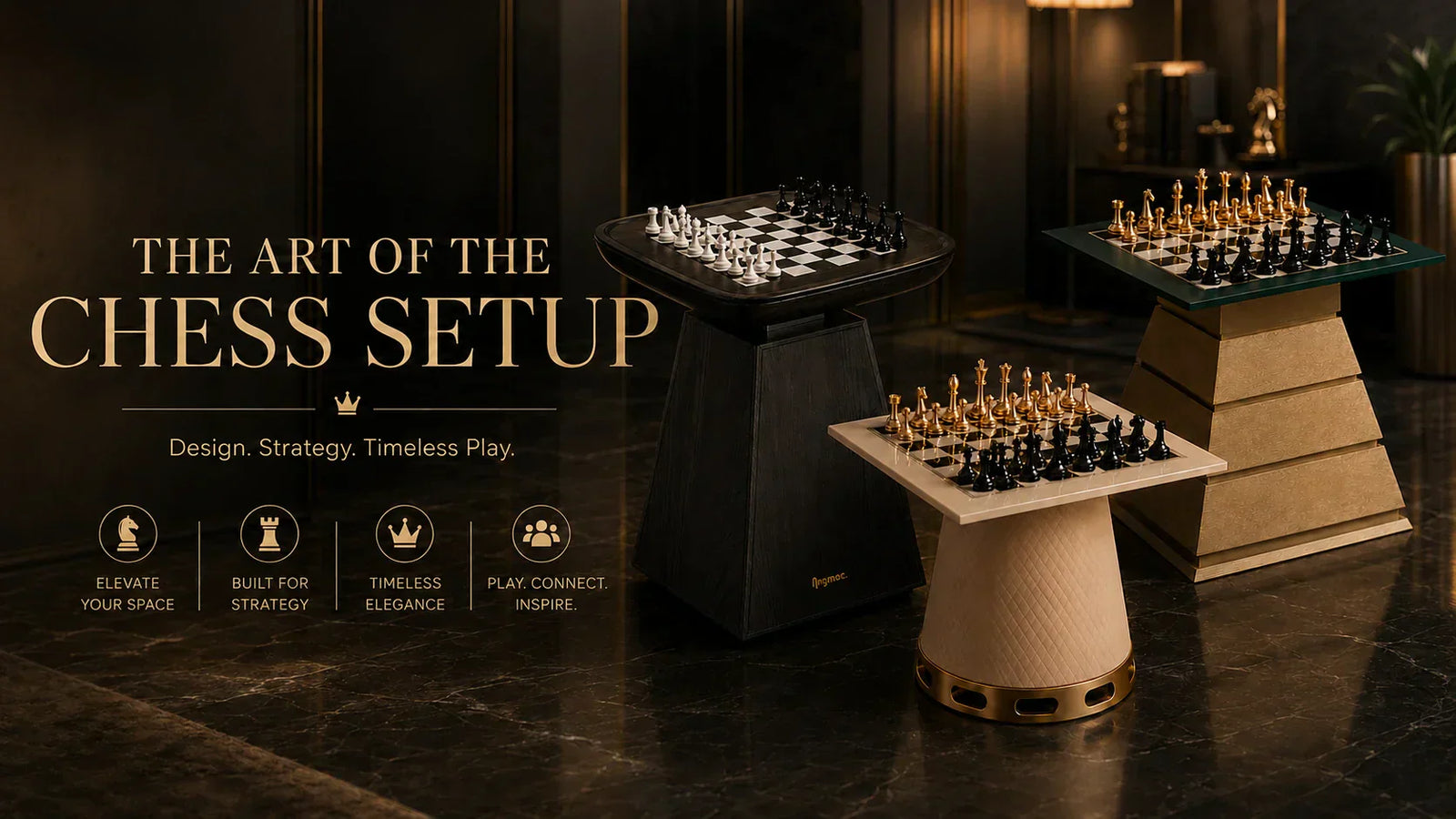 Collection of luxury chess table designs crafted with premium materials, combining elegant aesthetics with exceptional chess-playing experiences.