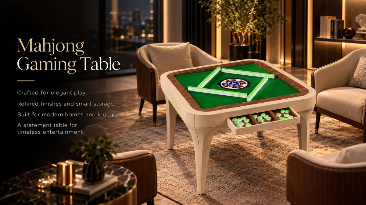 Mahjong gaming table with green felt top, walnut trim and cream legs, tiles set for play and a pull-out drawer holding mahjong coins, styled in an elegant lounge with city views.