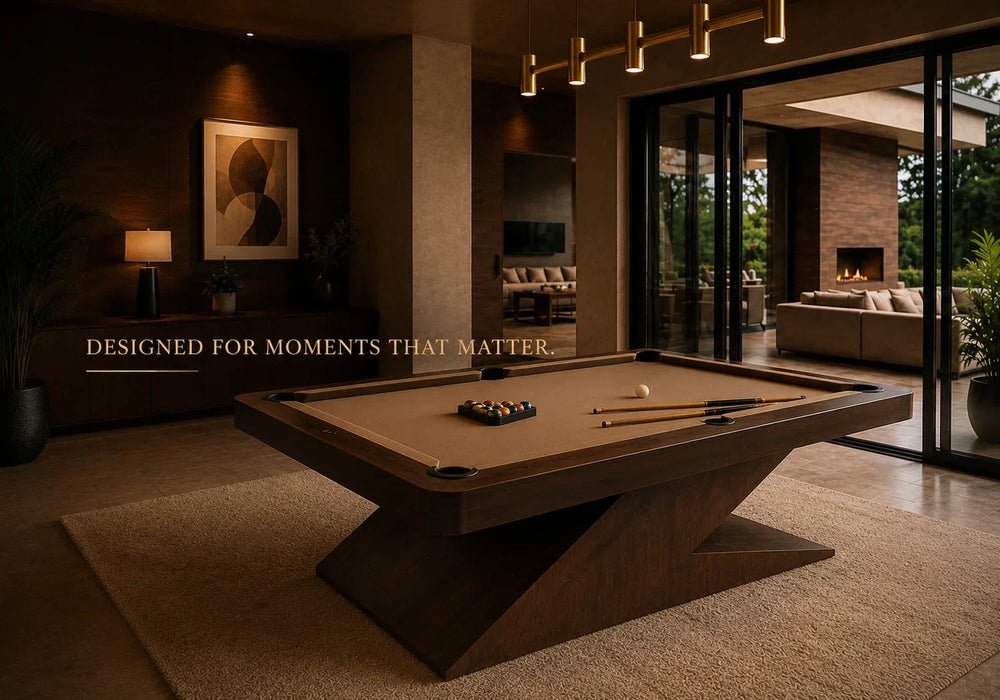 Luxury carrom board inspired billiards setup showcased in a moody entertainment lounge with warm ambient lighting and modern architectural interiors.