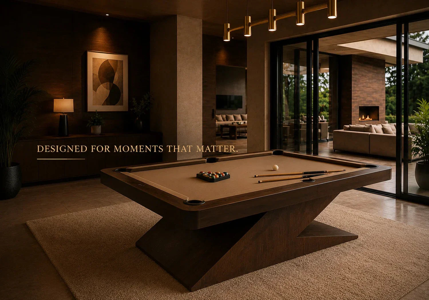 Luxury carrom board inspired billiards setup showcased in a moody entertainment lounge with warm ambient lighting and modern architectural interiors.