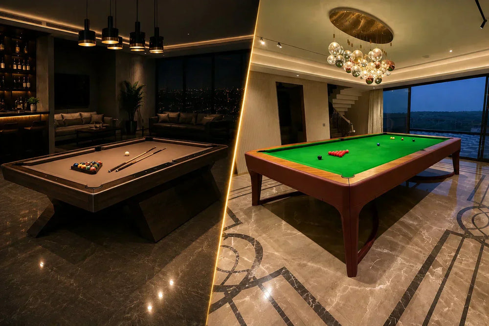 Side-by-side comparison of a modern designer pool table and a classic green snooker table inside luxury gaming interiors