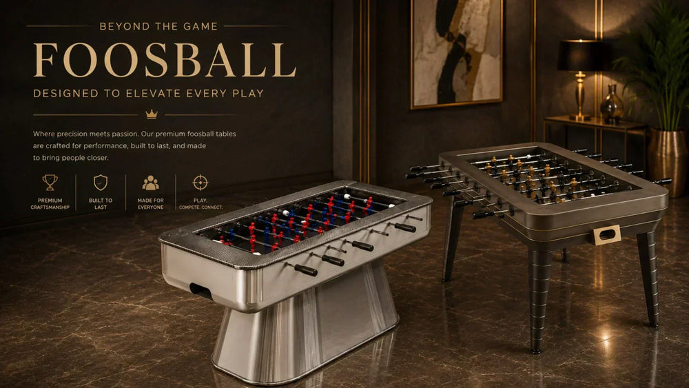 Luxury foosball table collection showcasing premium craftsmanship, modern design, and professional gameplay features, ideal for upscale game rooms, offices, and entertainment spaces.