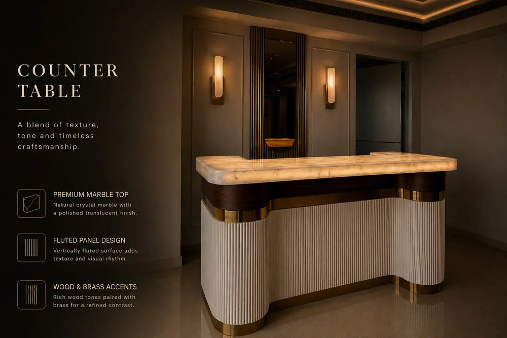 Luxury bar counters design guide featuring a premium marble-top bar counter with fluted detailing, brass accents and contemporary craftsmanship for modern home bars.