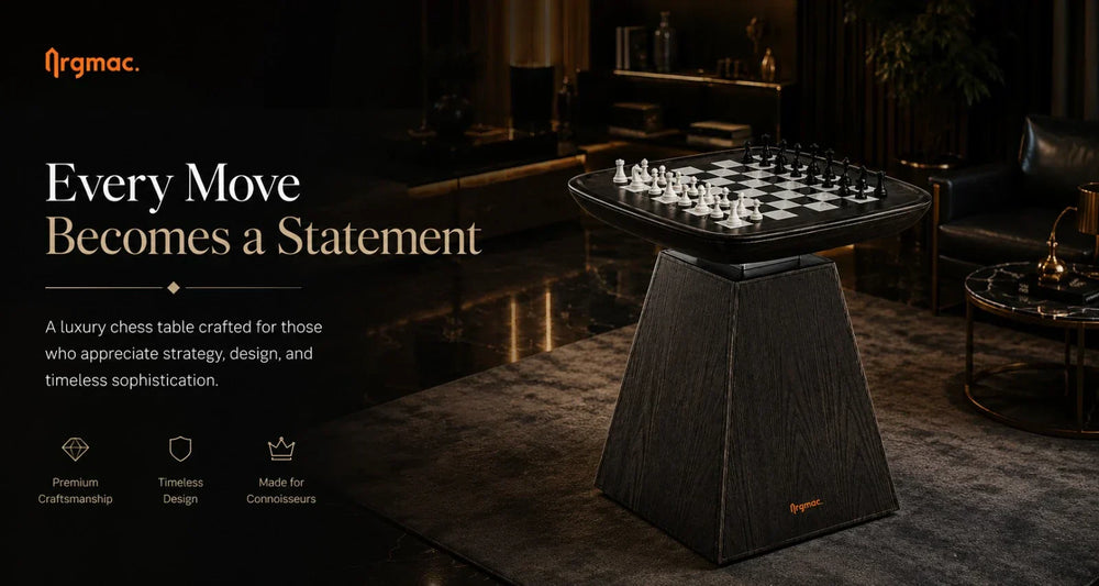 Designer chess table hero banner with elegant text, luxury interior lighting, and premium game setup