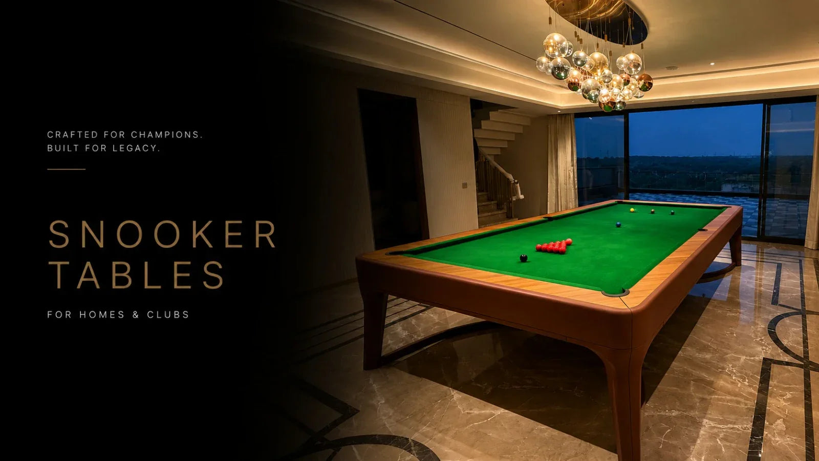 Premium snooker table cover image for luxury homes and clubs with modern interiors, warm lighting, and elegant green cloth.