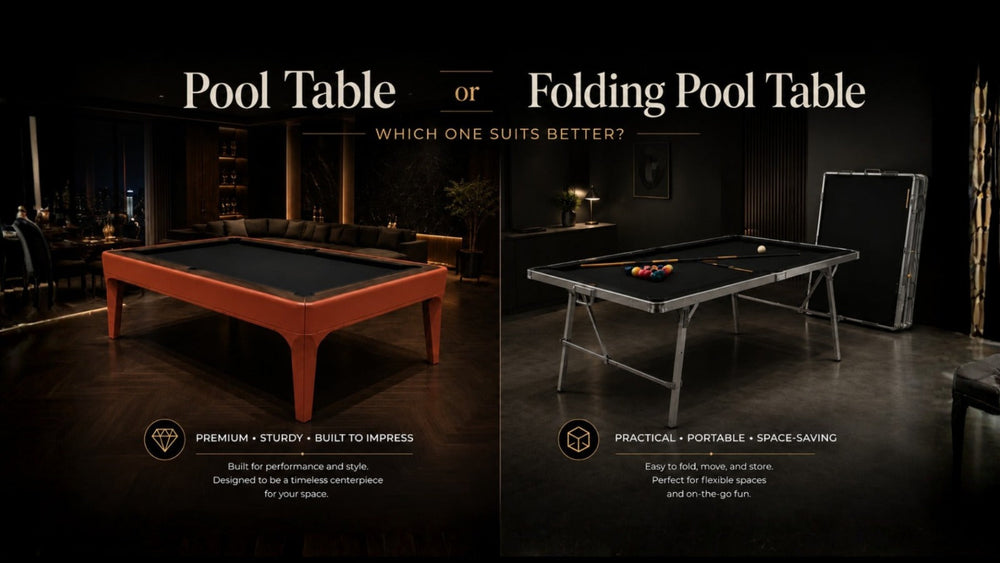 Side-by-side comparison of a foldable pool table and a regular pool table in a modern luxury interior