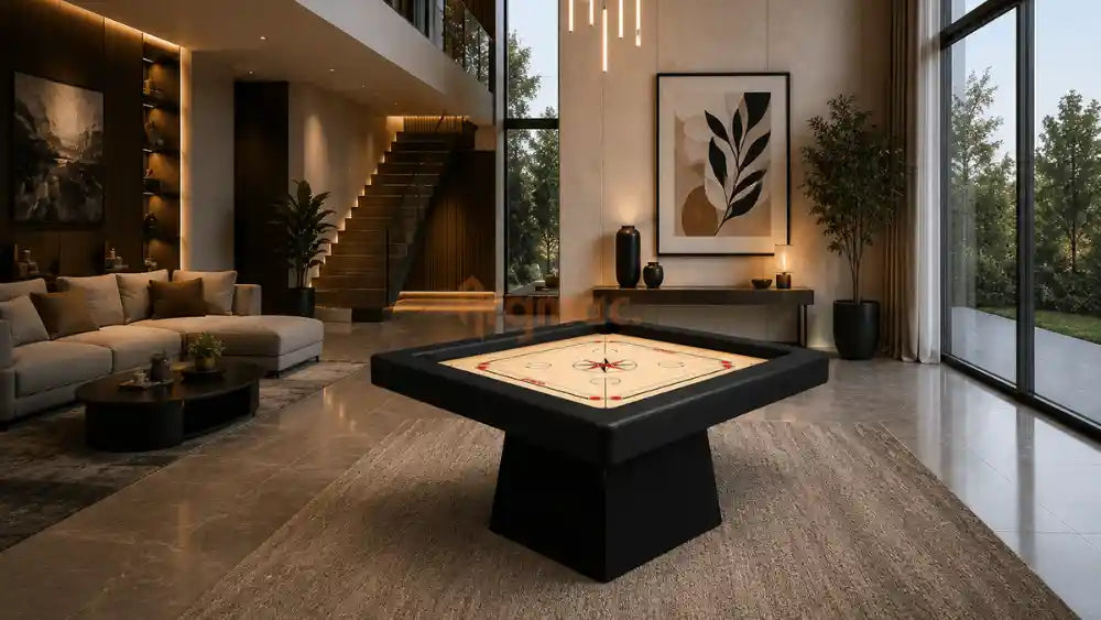  ARGMAC carrom table with a cream carrom top, black bordered frame, and tapered pedestal base, in a bright double-height living room. 