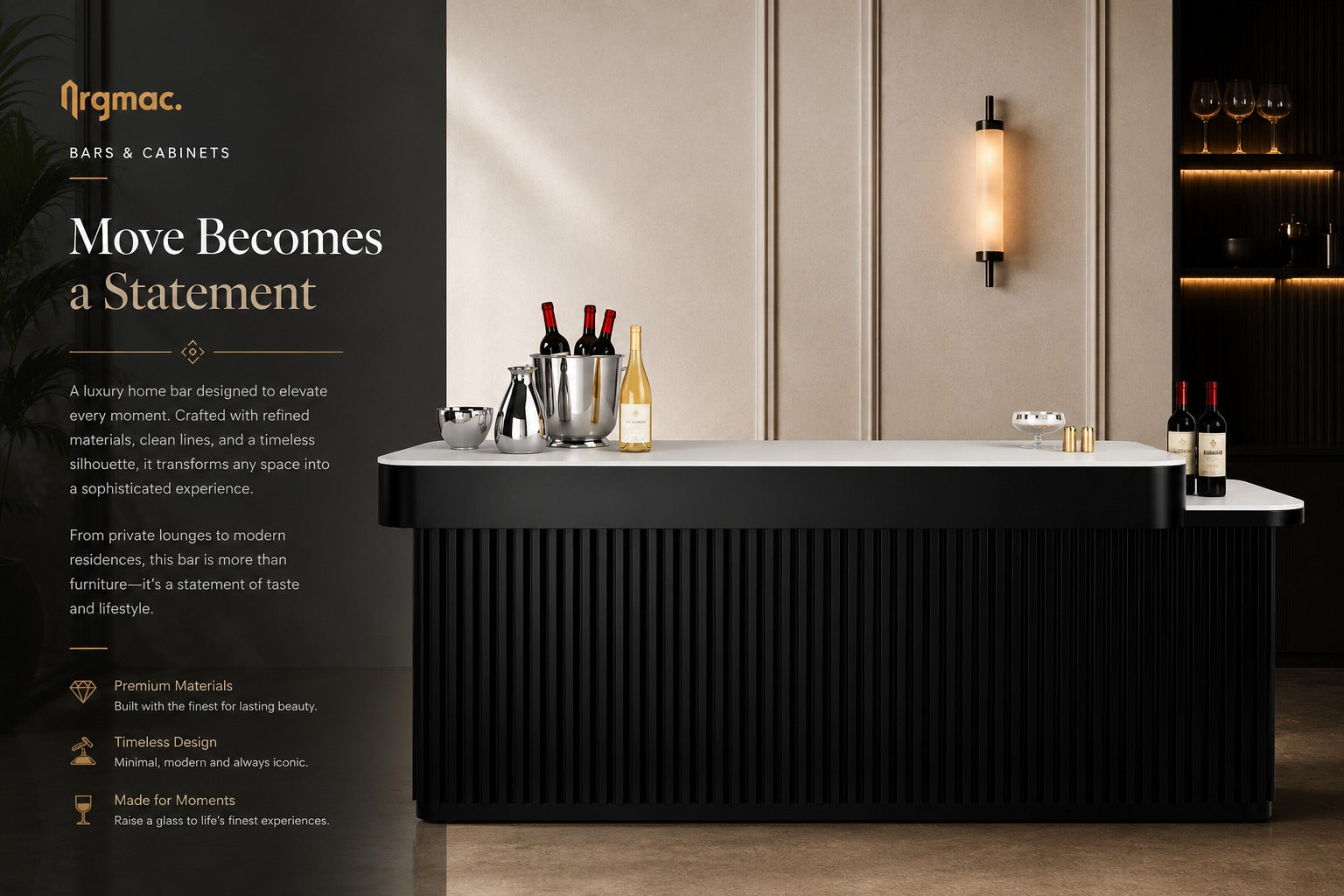 Luxury black fluted bar counter with white stone countertop, modern home bar furniture design, bespoke bar counter for luxury interiors and entertainment spaces.