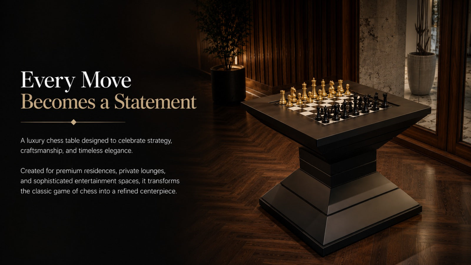 Black pedestal chess table in a luxury interior with gold chess pieces and elegant promotional text