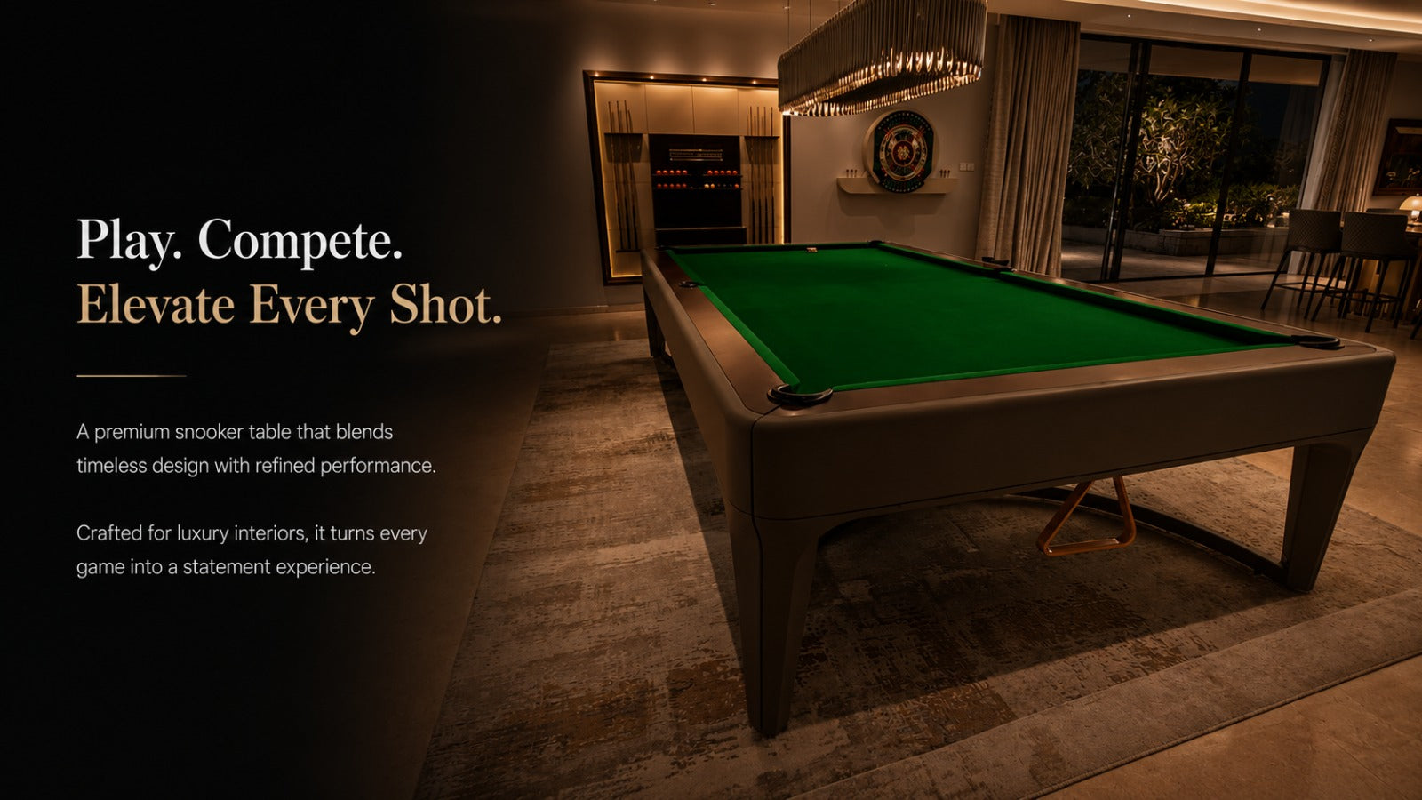 Luxury snooker table with green playing cloth in a dark modern game room, designed for premium home interiors.