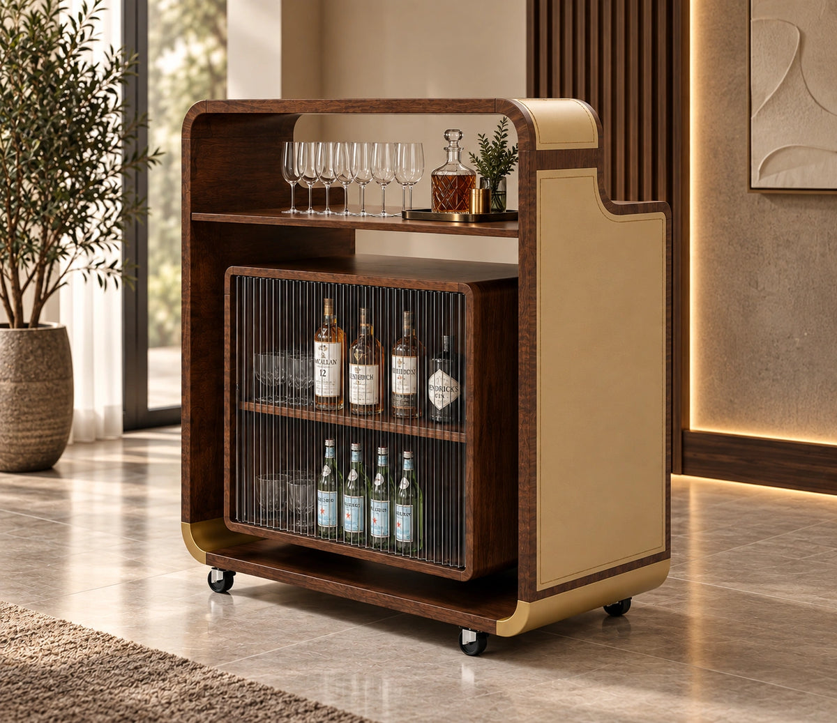 Velvet Barrel Bar Trolley in a room setting